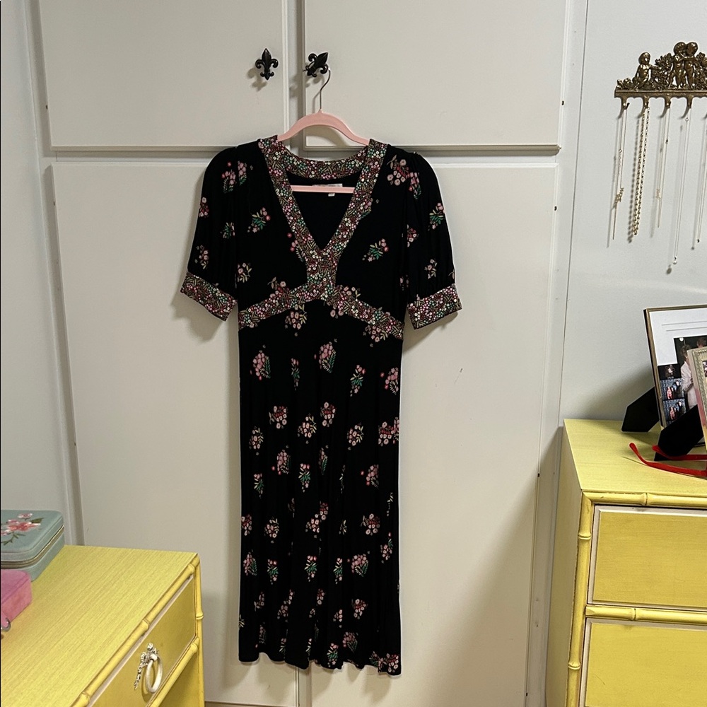 Boden Floral Black Amber Pleat Jersey Midi Dress 6P